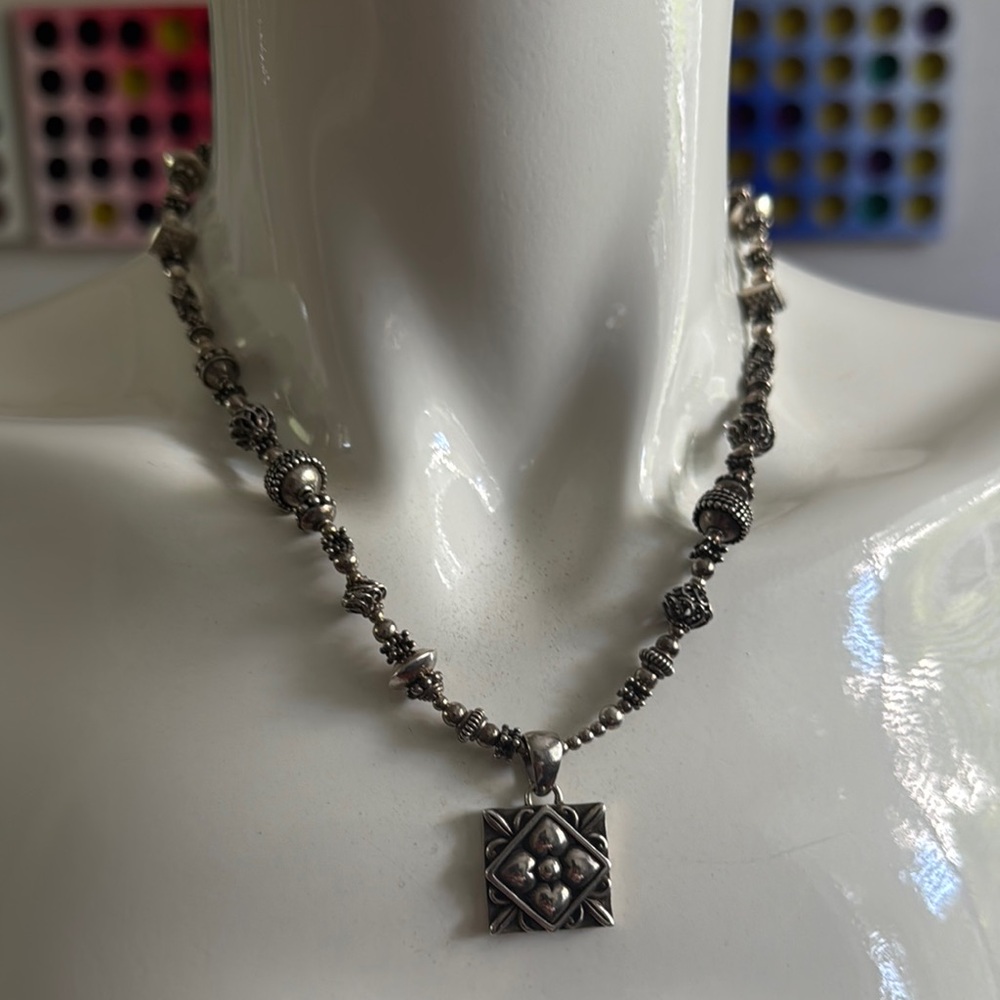 Tres Jolie 925  Sterling Silver Beaded Square Pendant Necklace